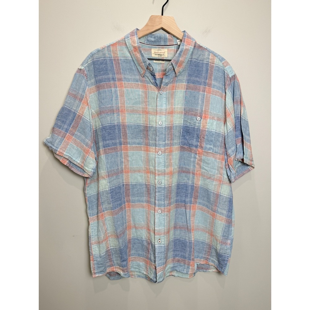 Weatherproof Vintage XL Shirt Blue Orange Plaid Linen Short Sleeve Button Down